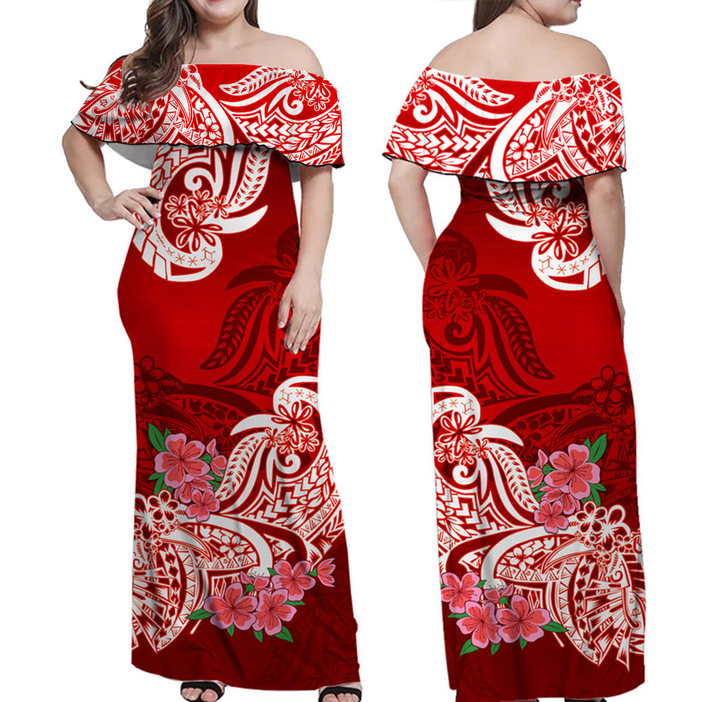 Polynesian Floral Tribal Off Shoulder Long Dress - Red LT9 - Polynesian Pride