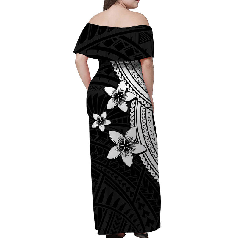 Polynesian Off Shoulder Long Dress With Plumeria Flower White LT6 - Polynesian Pride