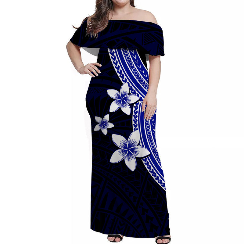 Polynesian Off Shoulder Long Dress With Plumeria Flower Blue LT6 Women Blue - Polynesian Pride