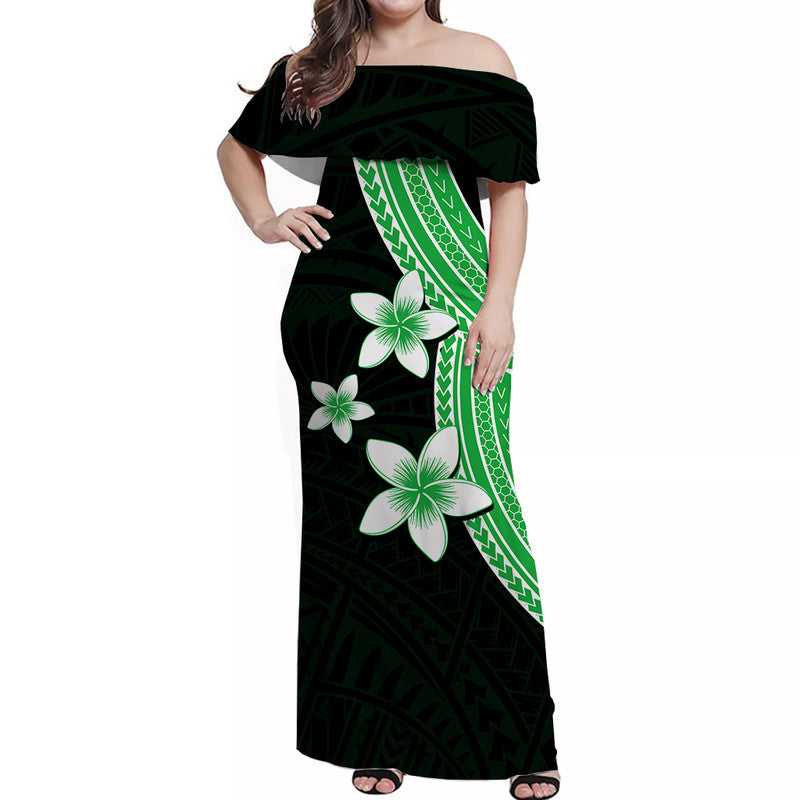 Polynesian Off Shoulder Long Dress With Plumeria Flower Green LT6 Women Green - Polynesian Pride