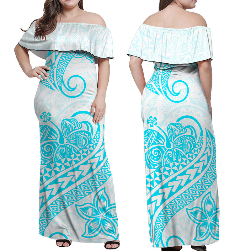 Polynesian Tribal Tattoo Retro Off Shoulder Long Dress Aqua Screen Color LT9 Women Aqua - Polynesian Pride