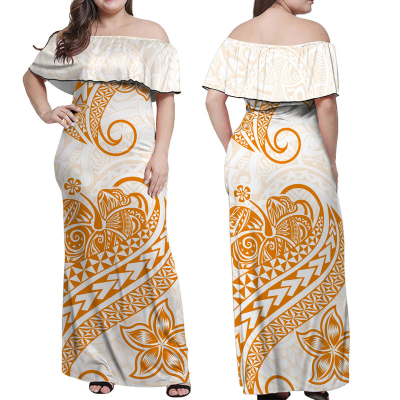 Polynesian Tribal Tattoo Retro Off Shoulder Long Dress Gold Screen Color LT9 Women Gold - Polynesian Pride