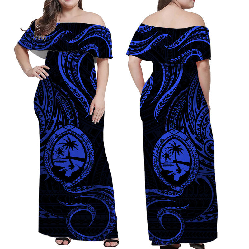 Polynesian Pride Guam With Polynesian Tribal Tattoo and Coat of Arms Off Shoulder Long Dress Blue Version LT9 Women Blue - Polynesian Pride