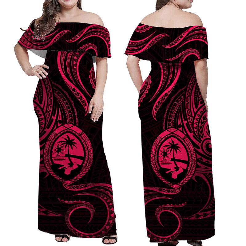 Polynesian Pride Guam With Polynesian Tribal Tattoo and Coat of Arms Off Shoulder Long Dress Pink Version LT9 Women Pink - Polynesian Pride