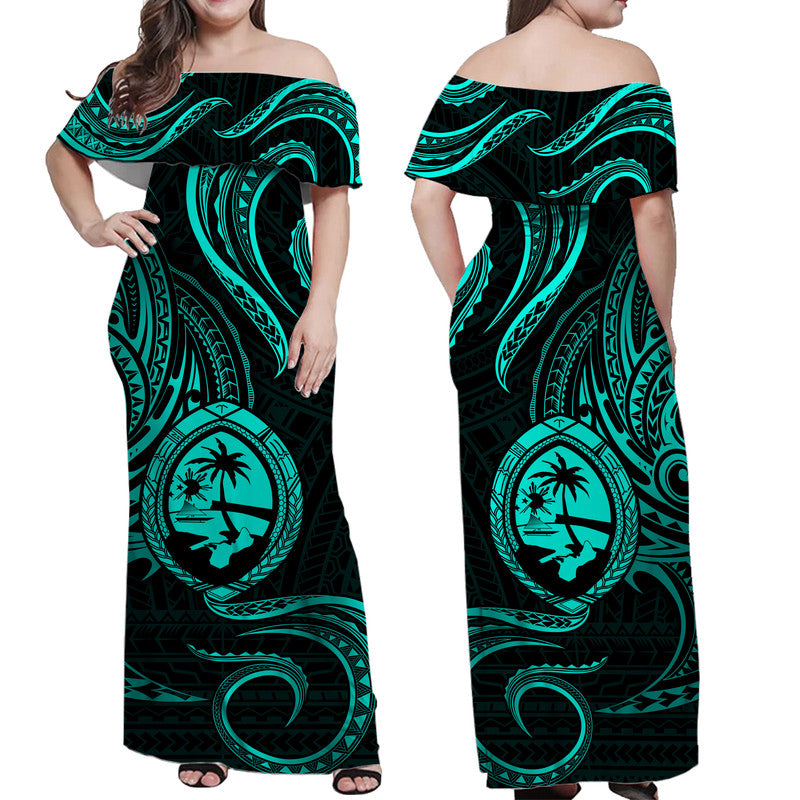 Polynesian Pride Guam With Polynesian Tribal Tattoo and Coat of Arms Off Shoulder Long Dress Turquoise Version LT9 Women turquoise - Polynesian Pride