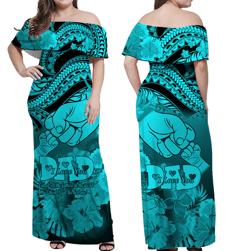 Polyneisian Pride Happy Father Day Off Shoulder Long Dress I Love You Dad - Polynesian Tribal Aqua LT9 Women Aqua - Polynesian Pride