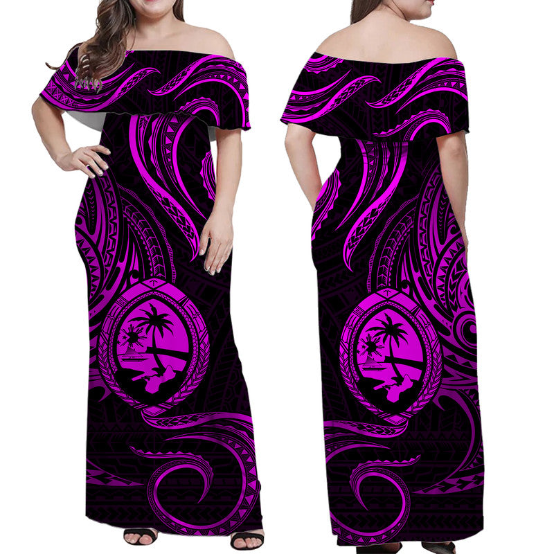 Polynesian Pride Guam With Polynesian Tribal Tattoo and Coat of Arms Off Shoulder Long Dress Purple Version LT9 Women Purple - Polynesian Pride