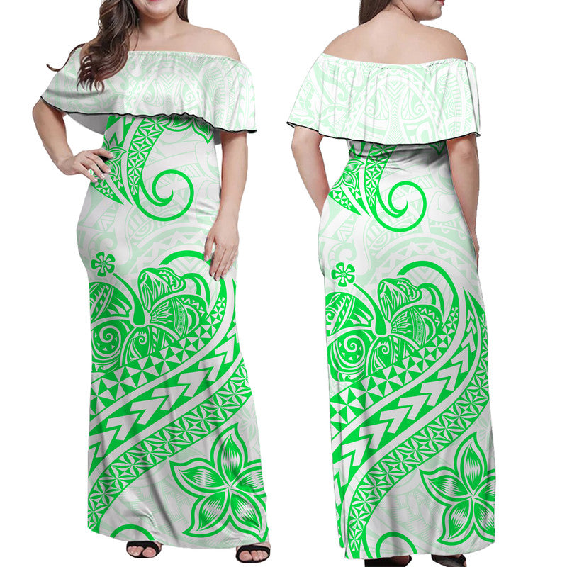 Polynesian Tribal Tattoo Retro Off Shoulder Long Dress Green Screen Color LT9 Women Green - Polynesian Pride