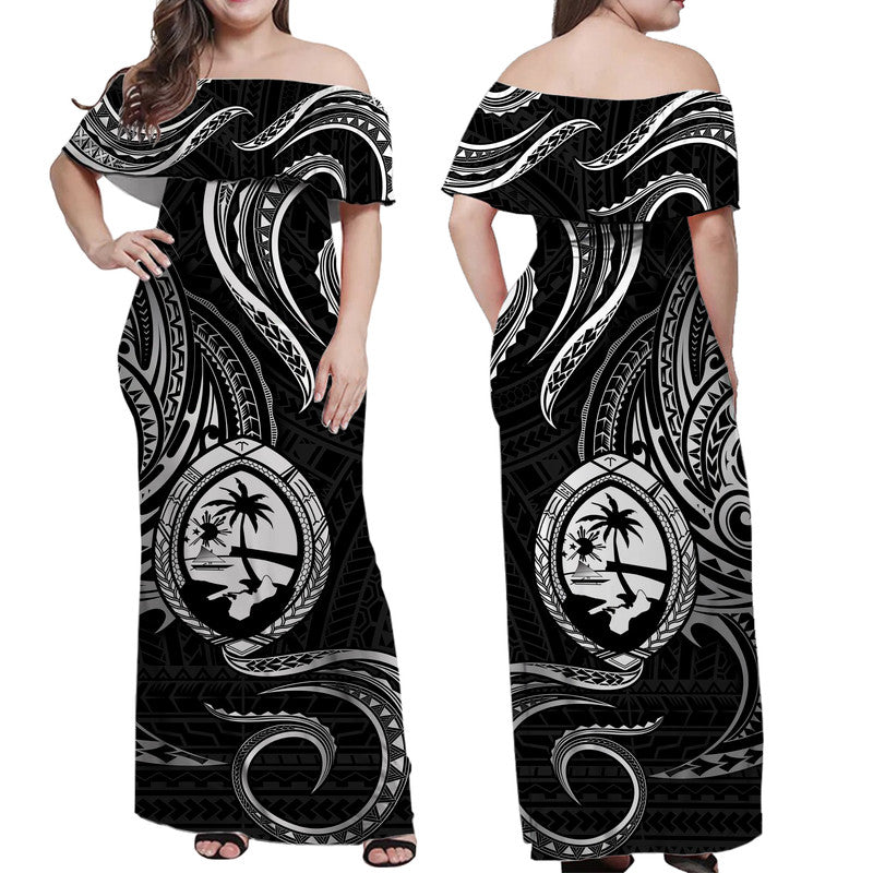 Polynesian Pride Guam With Polynesian Tribal Tattoo and Coat of Arms Off Shoulder Long Dress Black Version LT9 Women Black - Polynesian Pride