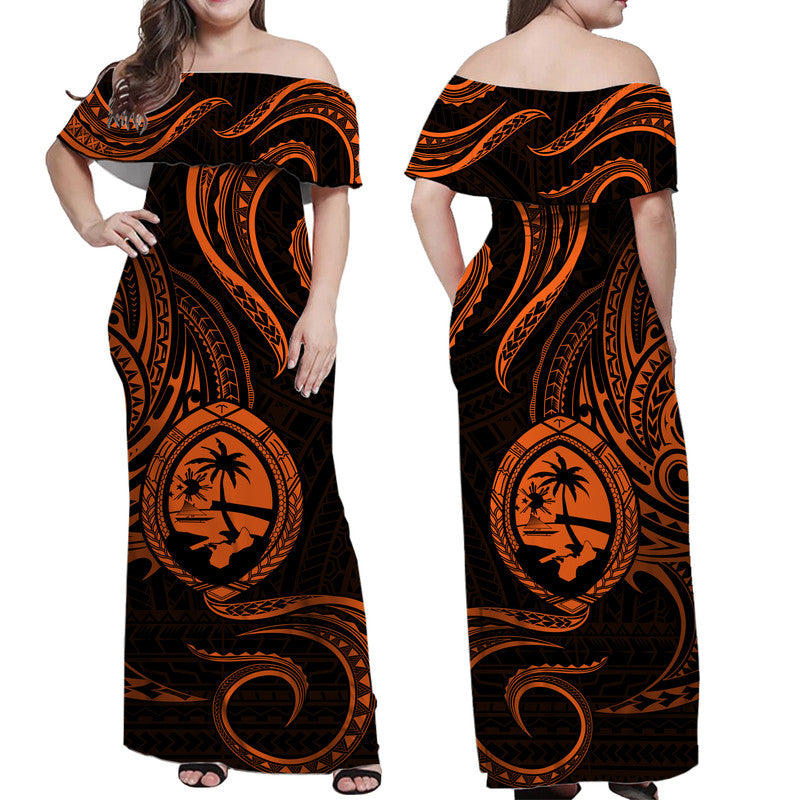 Polynesian Pride Guam With Polynesian Tribal Tattoo and Coat of Arms Off Shoulder Long Dress Orange Version LT9 Women Orange - Polynesian Pride