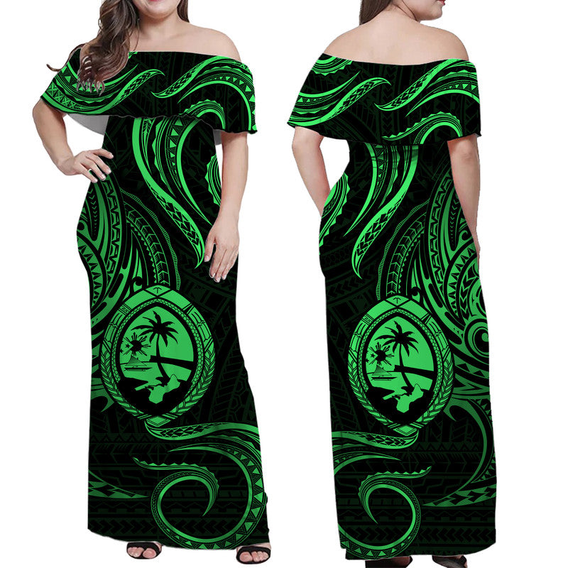 Polynesian Pride Guam With Polynesian Tribal Tattoo and Coat of Arms Off Shoulder Long Dress Green Version LT9 Women Green - Polynesian Pride