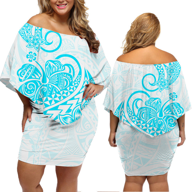 Polynesian Tribal Tattoo Retro Off Shoulder Short Dress Aqua Screen Color LT9 Women Aqua - Polynesian Pride