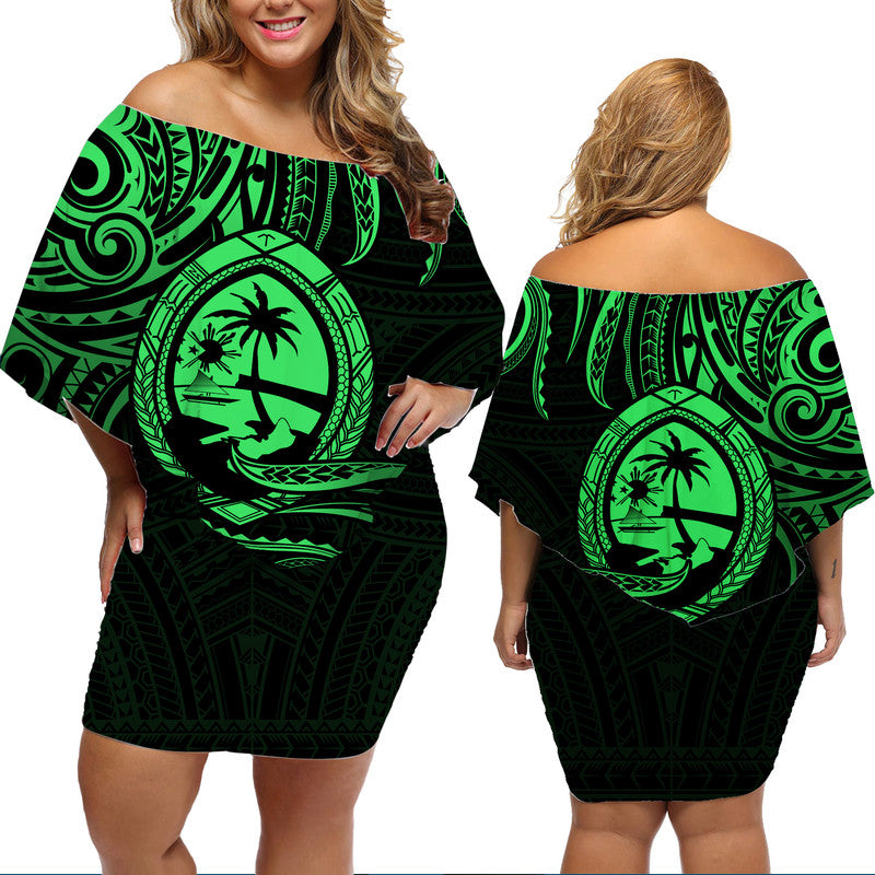 Polynesian Pride Guam With Polynesian Tribal Tattoo and Coat of Arms Off Shoulder Short Dress Green Version LT9 Women Green - Polynesian Pride