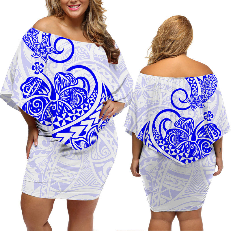 Polynesian Tribal Tattoo Retro Off Shoulder Short Dress Blue Screen Color LT9 Women Blue - Polynesian Pride