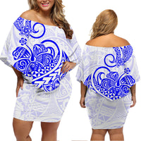 Polynesian Tribal Tattoo Retro Off Shoulder Short Dress Blue Screen Color LT9 Women Blue - Polynesian Pride