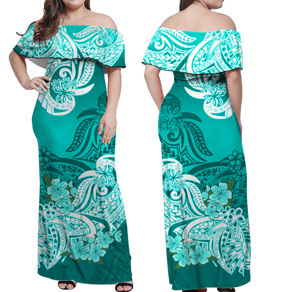 Polynesian Floral Tribal Off Shoulder Long Dress Turquoise LT9 - Polynesian Pride