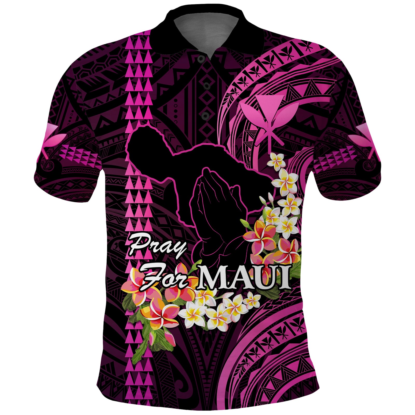 Personalised Hawaii Polo Shirt Pray For Maui Hawaiian Plumeria Pattern Pink Version LT14 Pink - Polynesian Pride