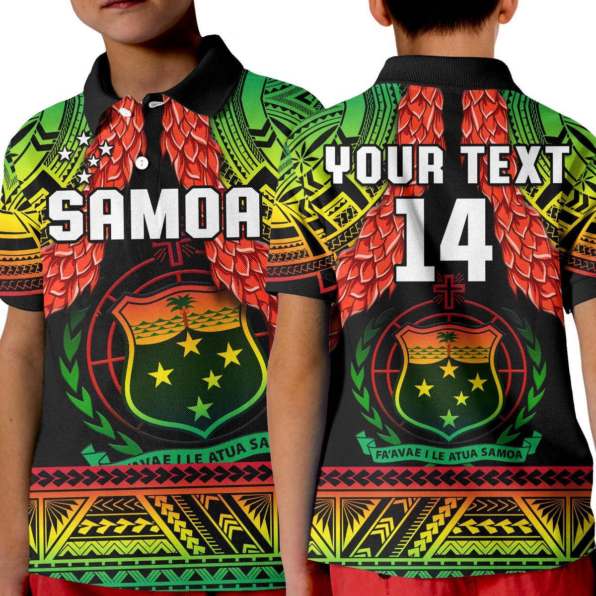 (Custom Text and Number) Samoa Rugby Polo Shirt Teuila Torch Ginger Gradient Style LT14 Kid Black - Polynesian Pride
