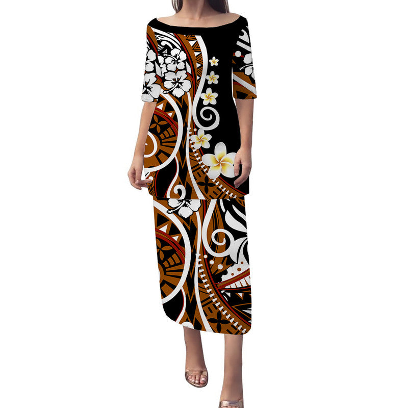 Plumeria Polynesian Puletasi Dress Trending Brown LT6 Long Dress brown - Polynesian Pride