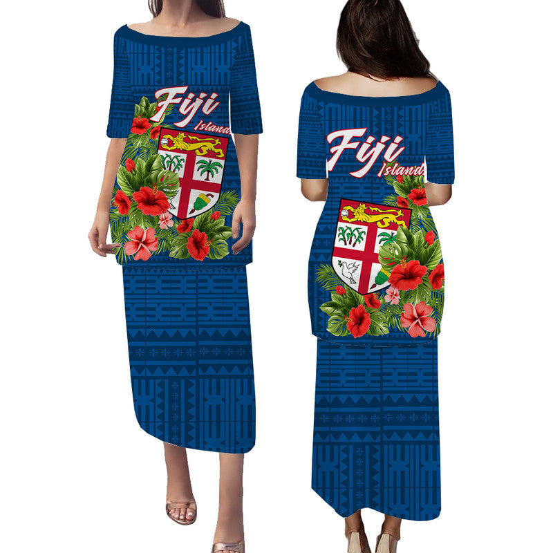 Fiji Islands Puletasi Dress Tropical Flowers and Tapa Pattern LT9 Long Dress Blue - Polynesian Pride