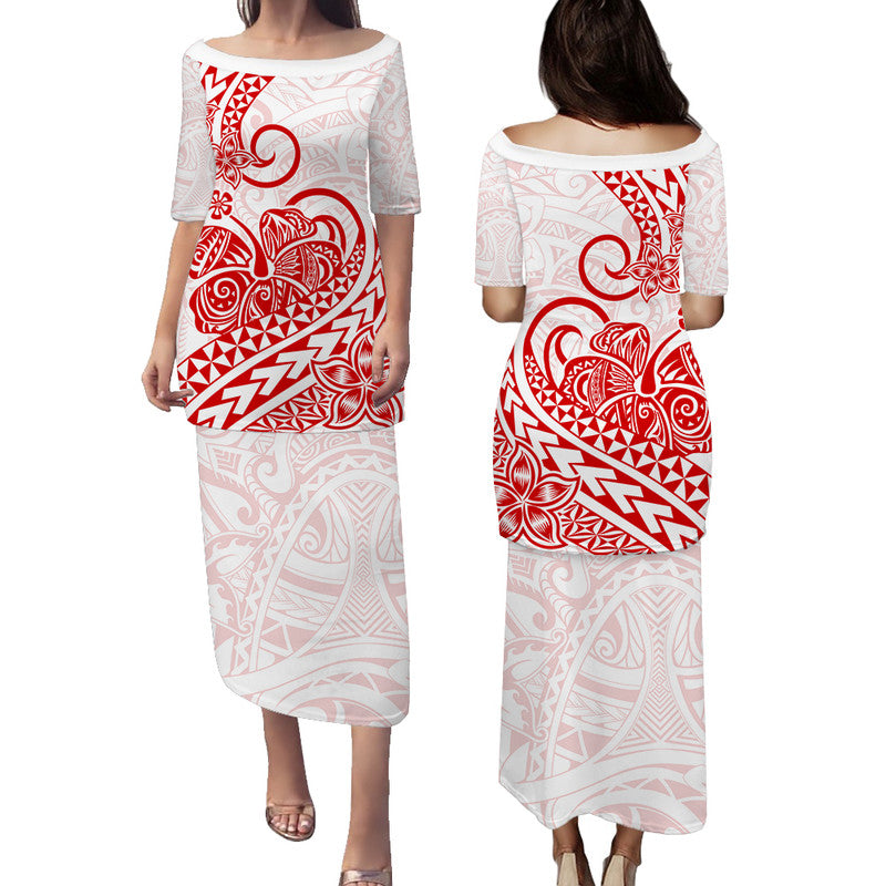 Polynesian Tribal Tattoo Retro Puletasi Dress Red Screen Color LT9 Long Dress Red - Polynesian Pride