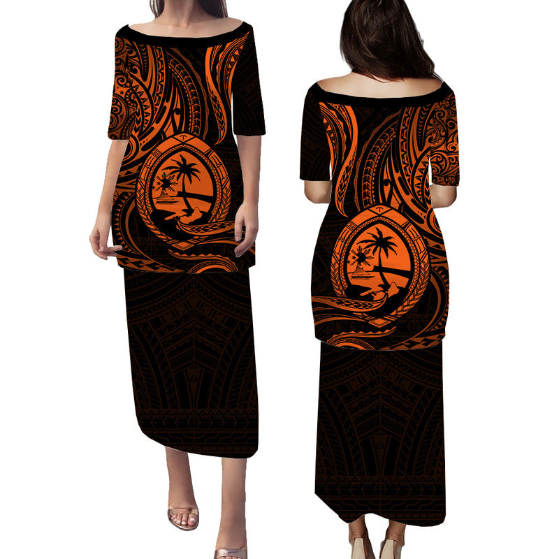 Polynesian Pride Guam With Polynesian Tribal Tattoo and Coat of Arms Puletasi Dress Orange Version LT9 Long Dress Orange - Polynesian Pride