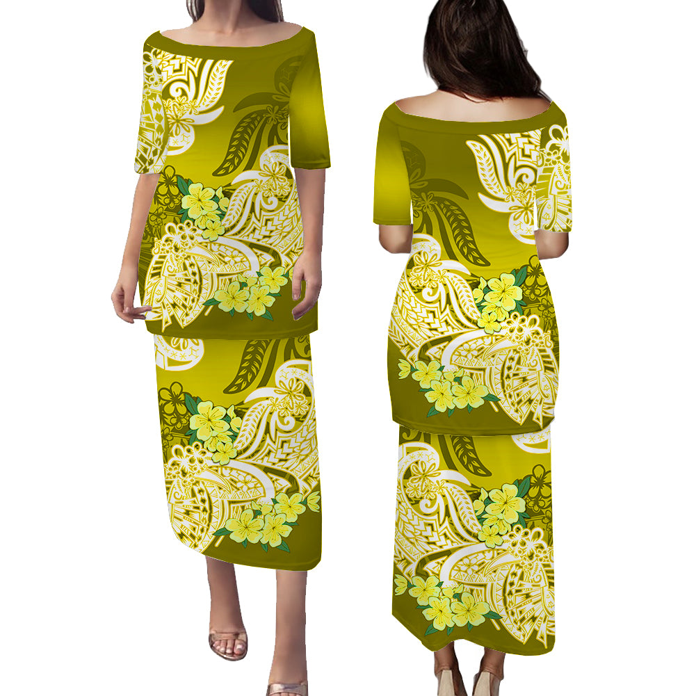 Polynesian Matching Couple Outfit Floral Tribal Puletasi Dress and Hawaiian Shirt Yellow LT9 - Polynesian Pride