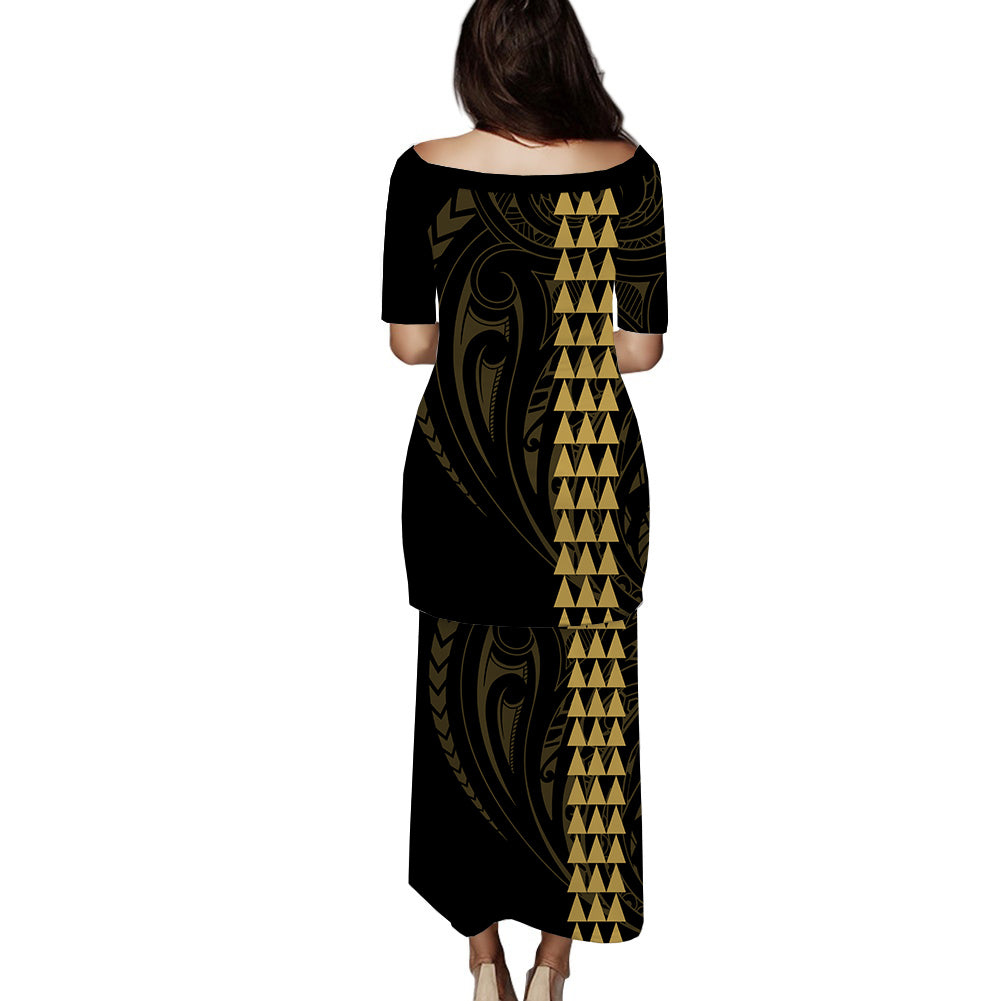 Polynesian Puletasi Dress Hawaiian Warrior and Aloha Girl With Hammerhead Shark Tattoos Gold LT6 - Polynesian Pride