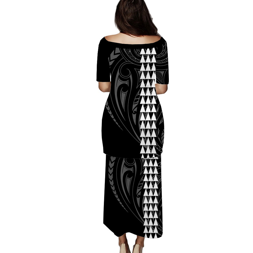 Polynesian Puletasi Dress Hawaiian Warrior and Aloha Girl With Hammerhead Shark Tattoos White LT6 - Polynesian Pride