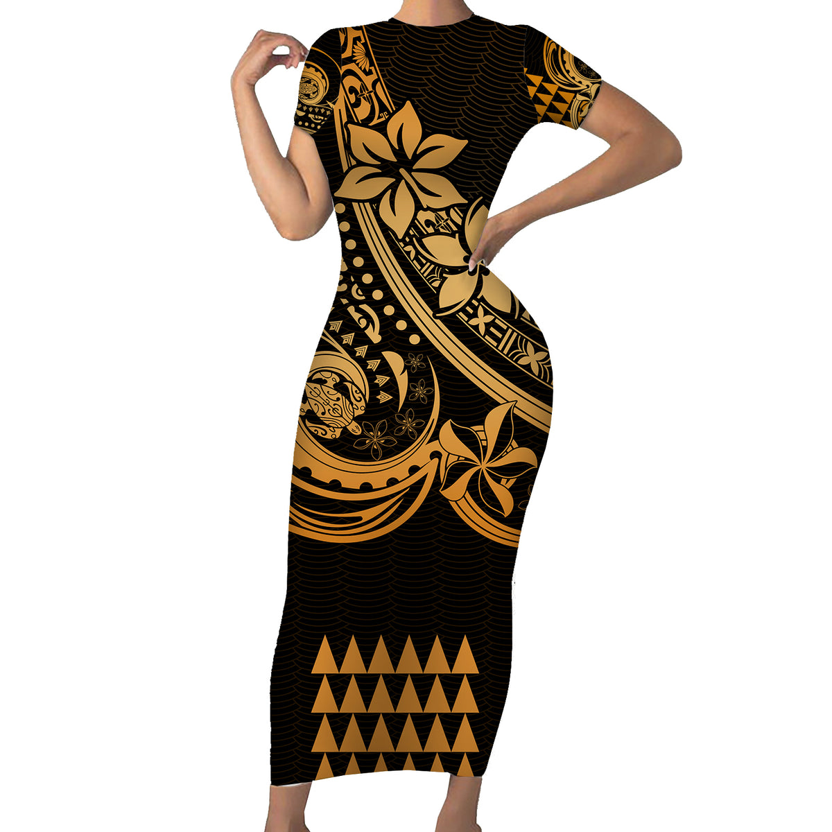 Kakau Hawaiian Polynesian Couples Matching Outfits Combo Bodycon Dress And Hawaii Shirt Gold LT6 - Polynesian Pride