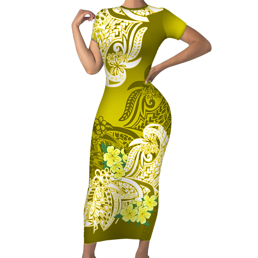 Polynesian Floral Tribal Short Sleeve Body Long Dress Yellow LT9 Long Dress Black - Polynesian Pride