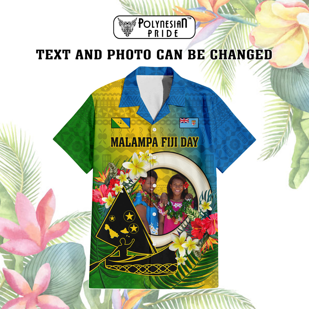 Custom Photo Malampa Fiji Day Hawaiian Shirt Together We Grow Coat Of Arms Tropical Flowers CTM14