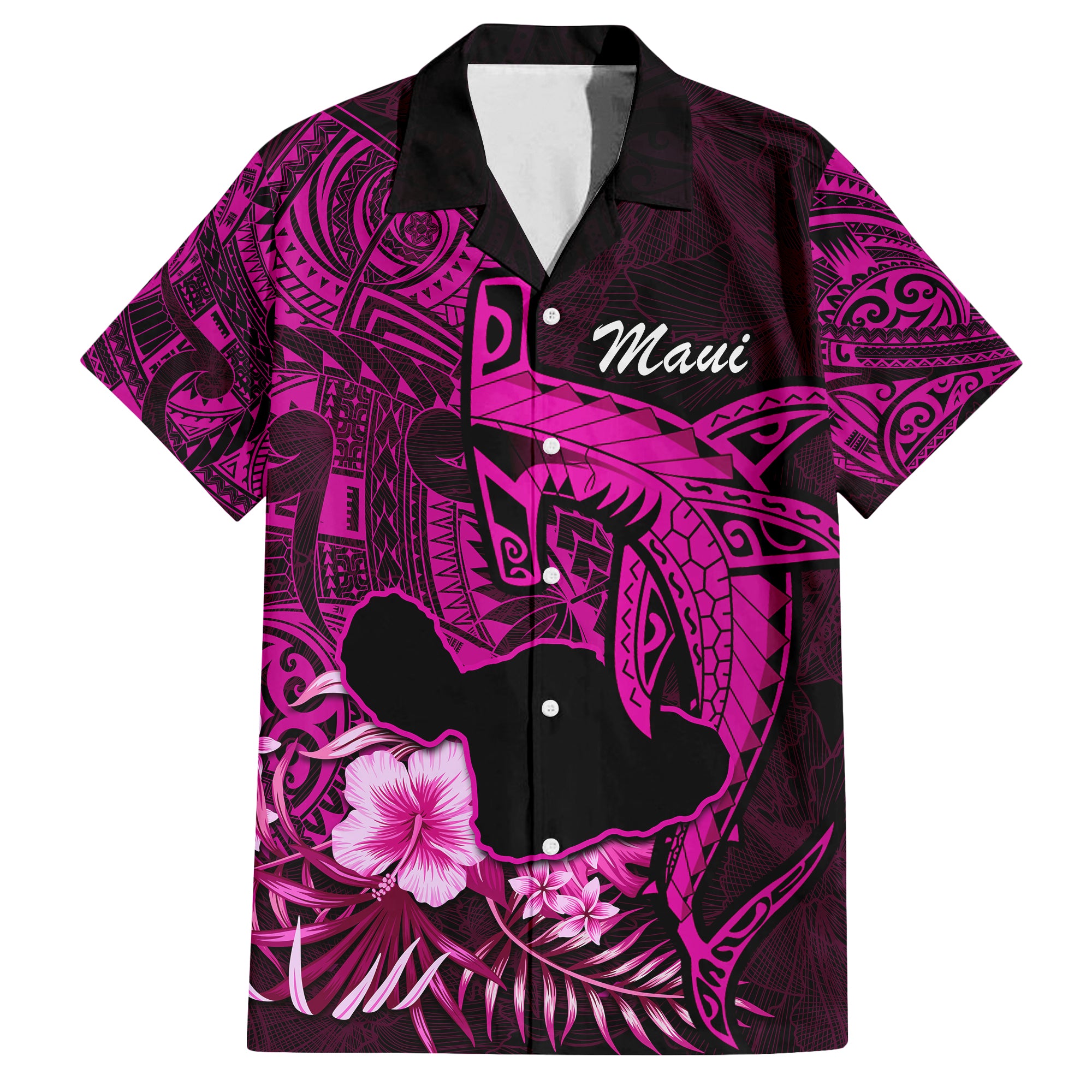 Hawaii Islands Short Sleeve Shirt Maui Map Hawaiian Shark With Tropical Flowers LT14 Unisex - Polynesian Pride