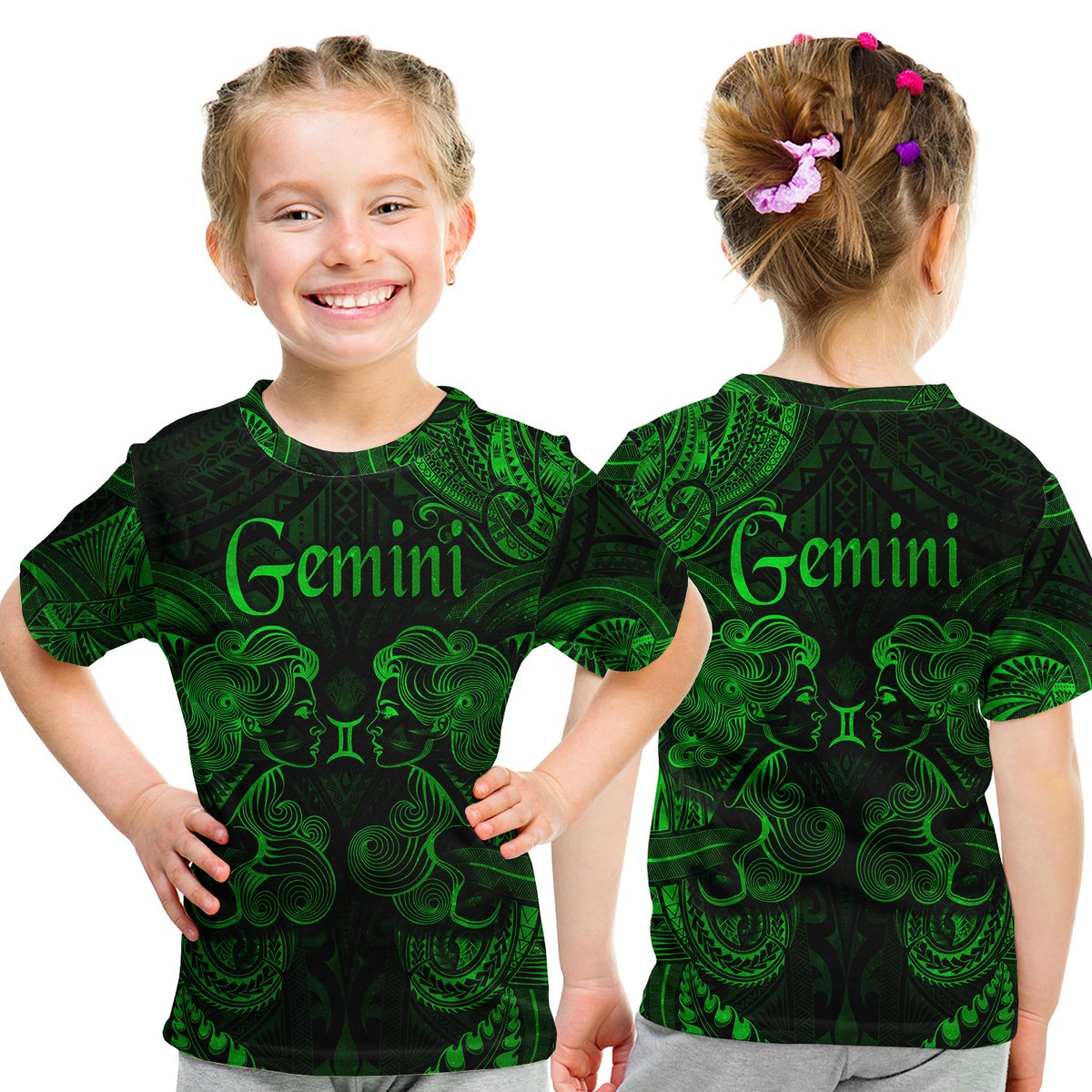 Gemini Zodiac Polynesian T Shirt Kid Unique Style - Green LT8 Youth XL Size14 - Polynesian Pride