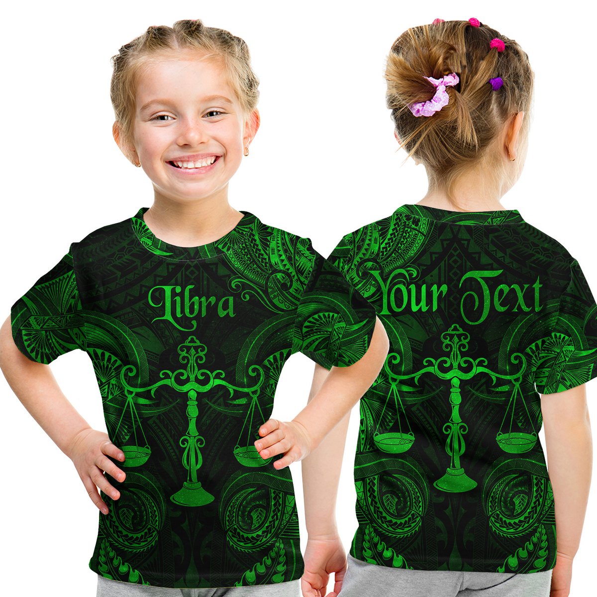 (Custom Personalised) Libra Zodiac Polynesian T Shirt Kid Unique Style - Green LT8 Youth XL Size14 - Polynesian Pride