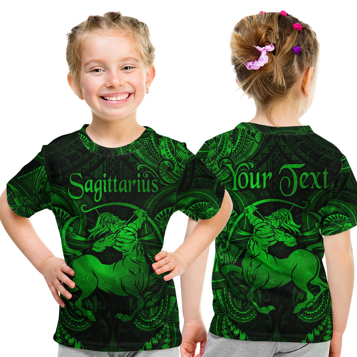(Custom Personalised) Sagittarius Zodiac Polynesian T Shirt Kid Unique Style - Green LT8 Youth XL Size14 - Polynesian Pride