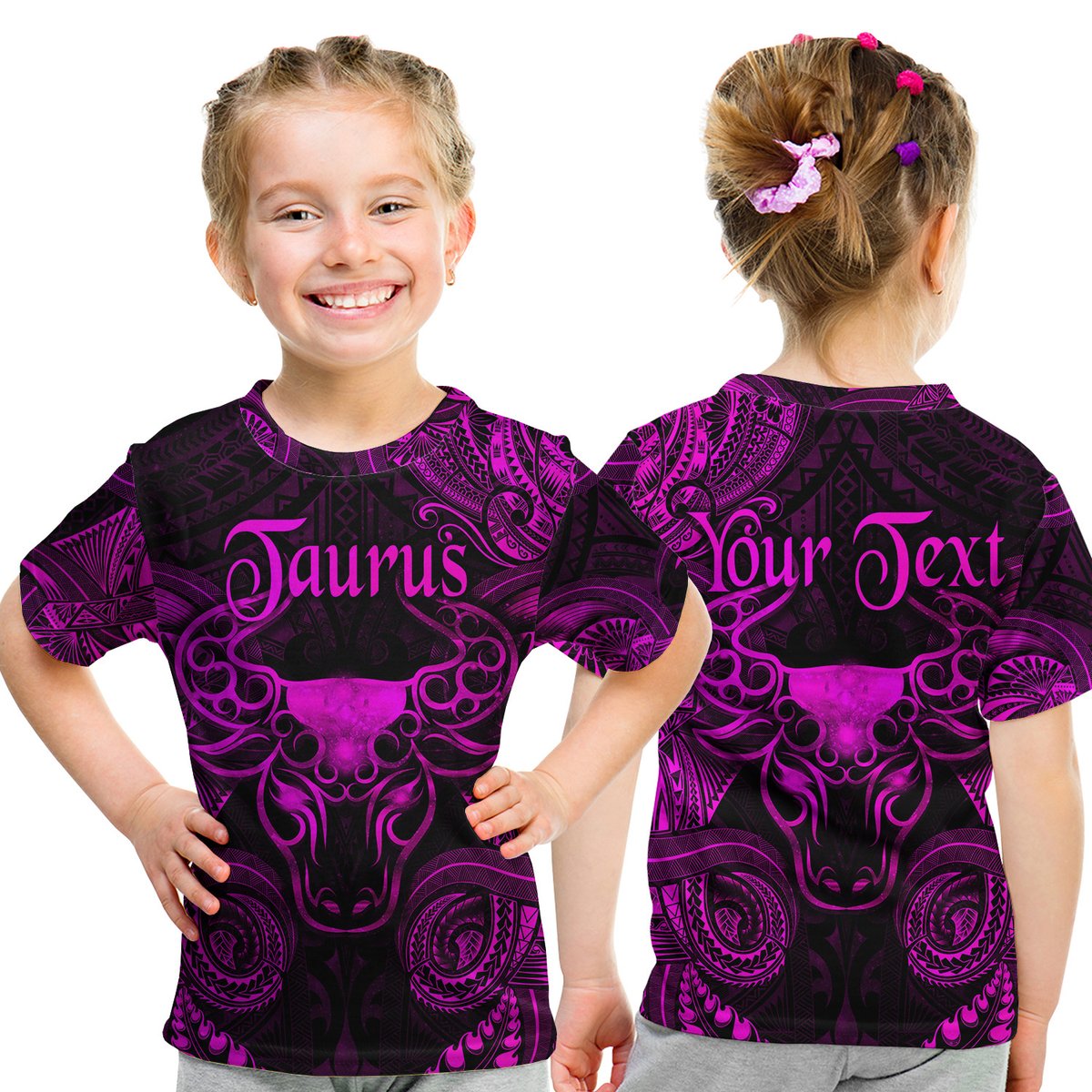 (Custom Personalised) Taurus Zodiac Polynesian T Shirt Kid Unique Style - Pink LT8 Youth XL Size14 - Polynesian Pride