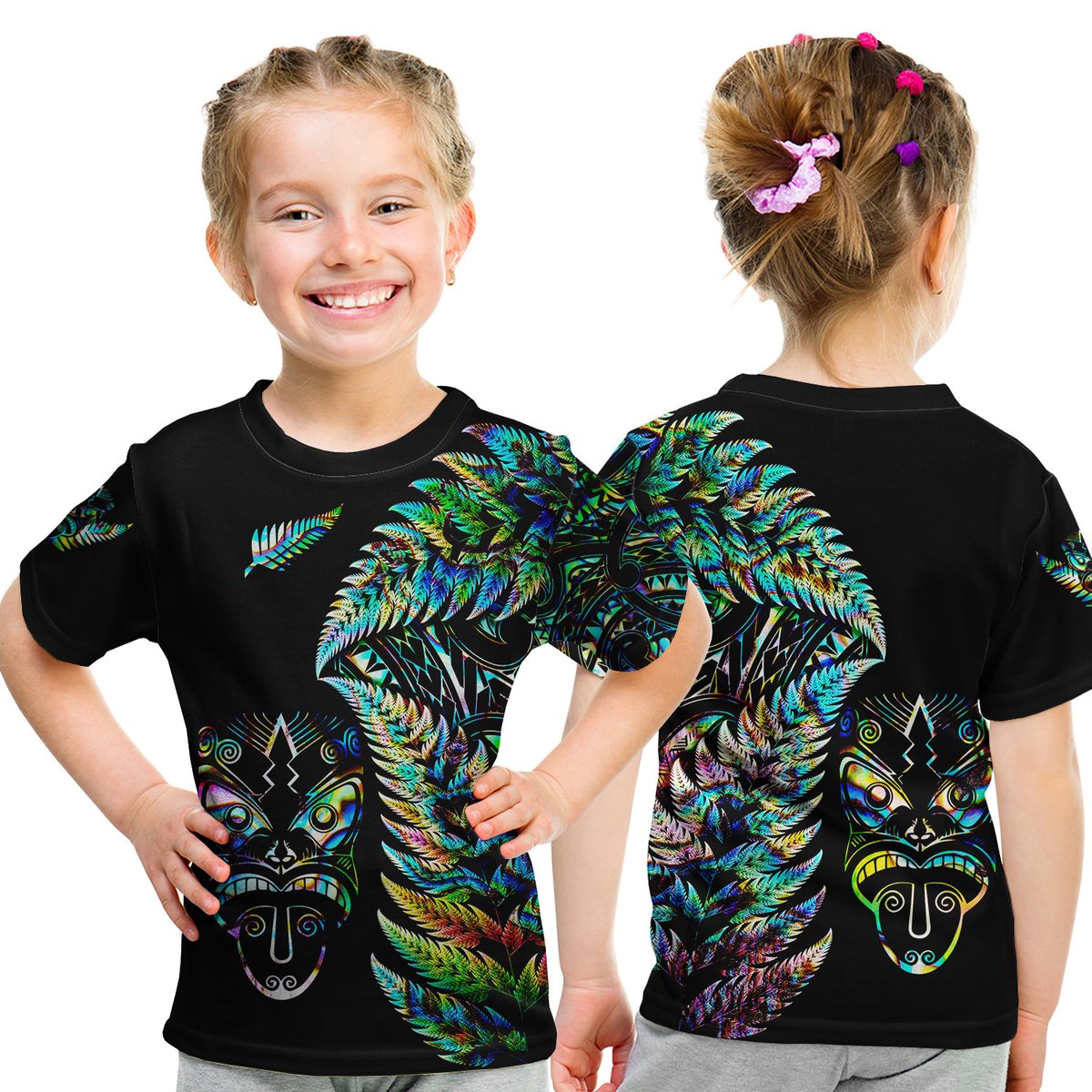 New Zealand Haka Rugby Maori T Shirt Kid Silver Fern Vibes - Paua Shell LT8 Youth XL Size14 - Polynesian Pride
