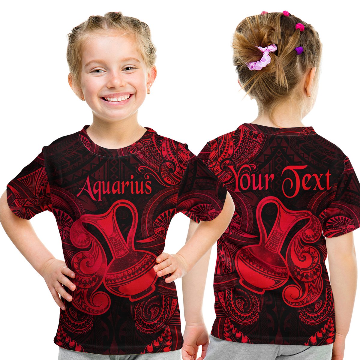 (Custom Personalised) Aquarius Zodiac Polynesian T Shirt Kid Unique Style - Red LT8 Youth XL Size14 - Polynesian Pride