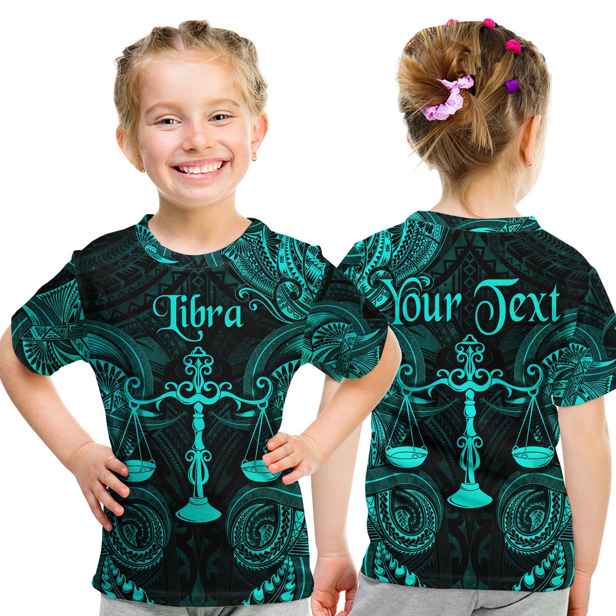 (Custom Personalised) Libra Zodiac Polynesian T Shirt Kid Unique Style - Turquoise LT8 Youth XL Size14 - Polynesian Pride