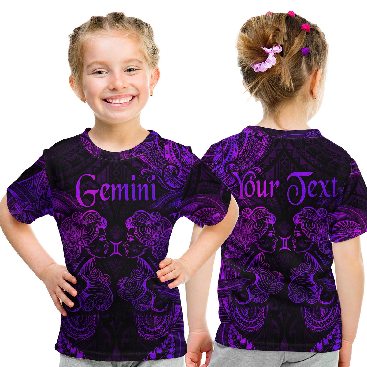 (Custom Personalised) Gemini Zodiac Polynesian T Shirt Kid Unique Style - Purple LT8 Youth XL Size14 - Polynesian Pride