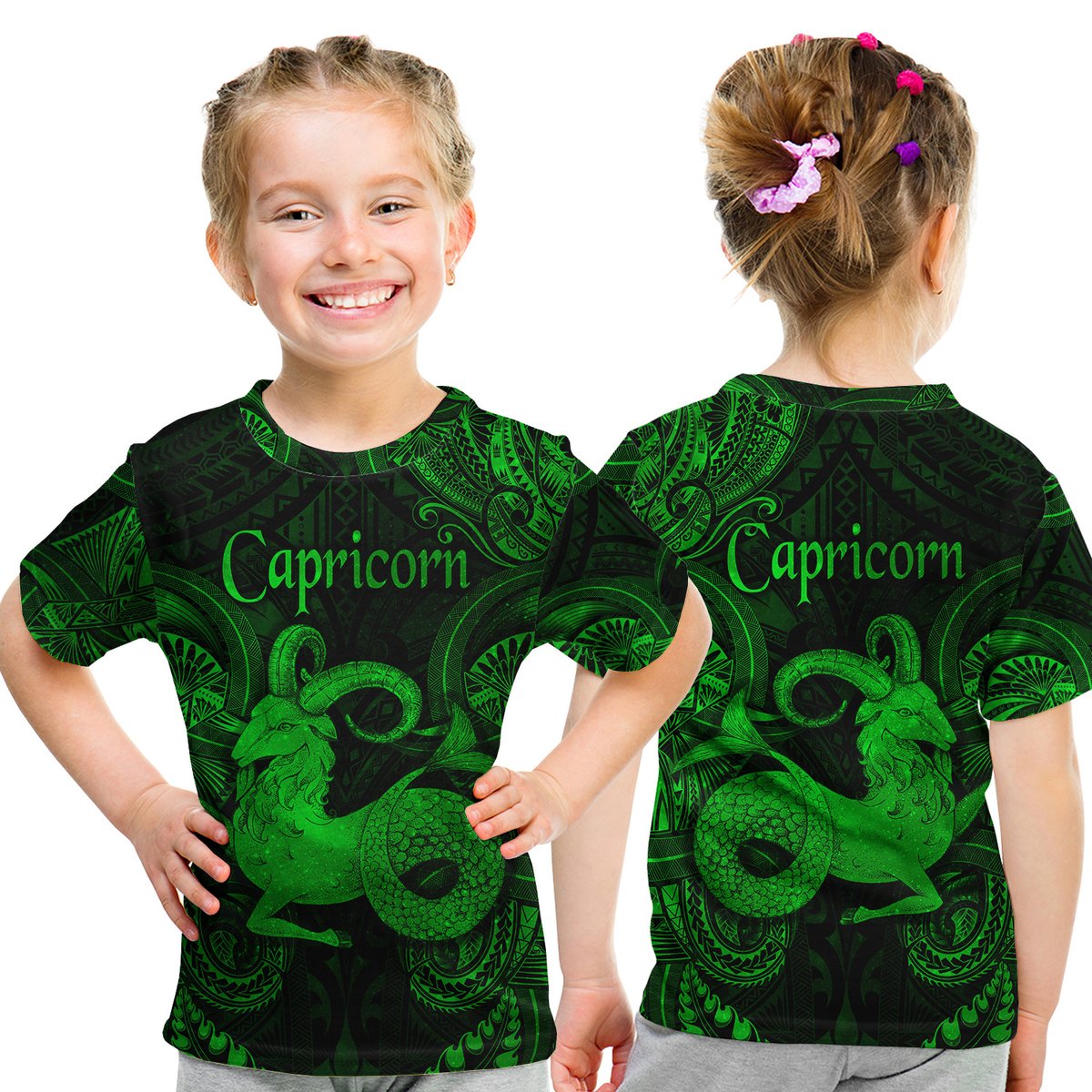 Capricorn Zodiac Polynesian T Shirt Kid Unique Style - Green LT8 Youth XL Size14 - Polynesian Pride