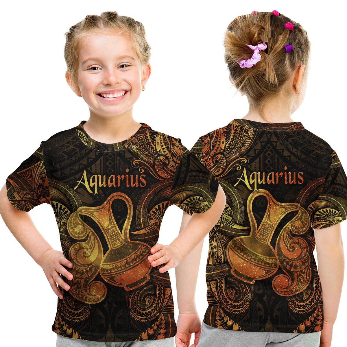 Aquarius Zodiac Polynesian T Shirt Kid Unique Style - Gold LT8 Youth XL Size14 - Polynesian Pride