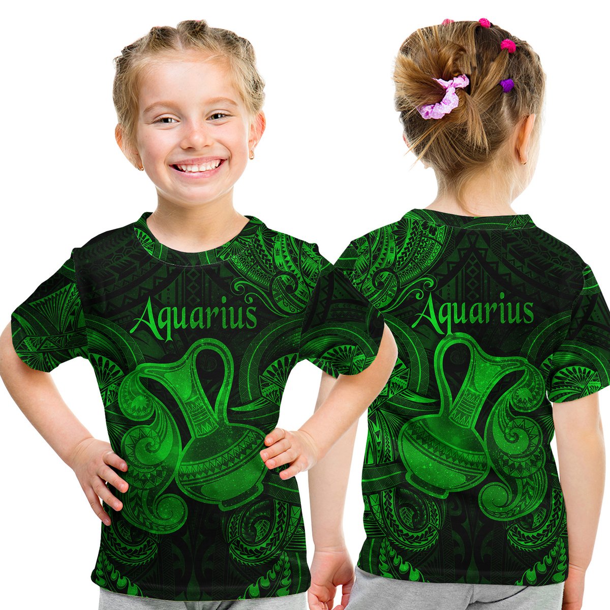 Aquarius Zodiac Polynesian T Shirt Kid Unique Style - Green LT8 Youth XL Size14 - Polynesian Pride
