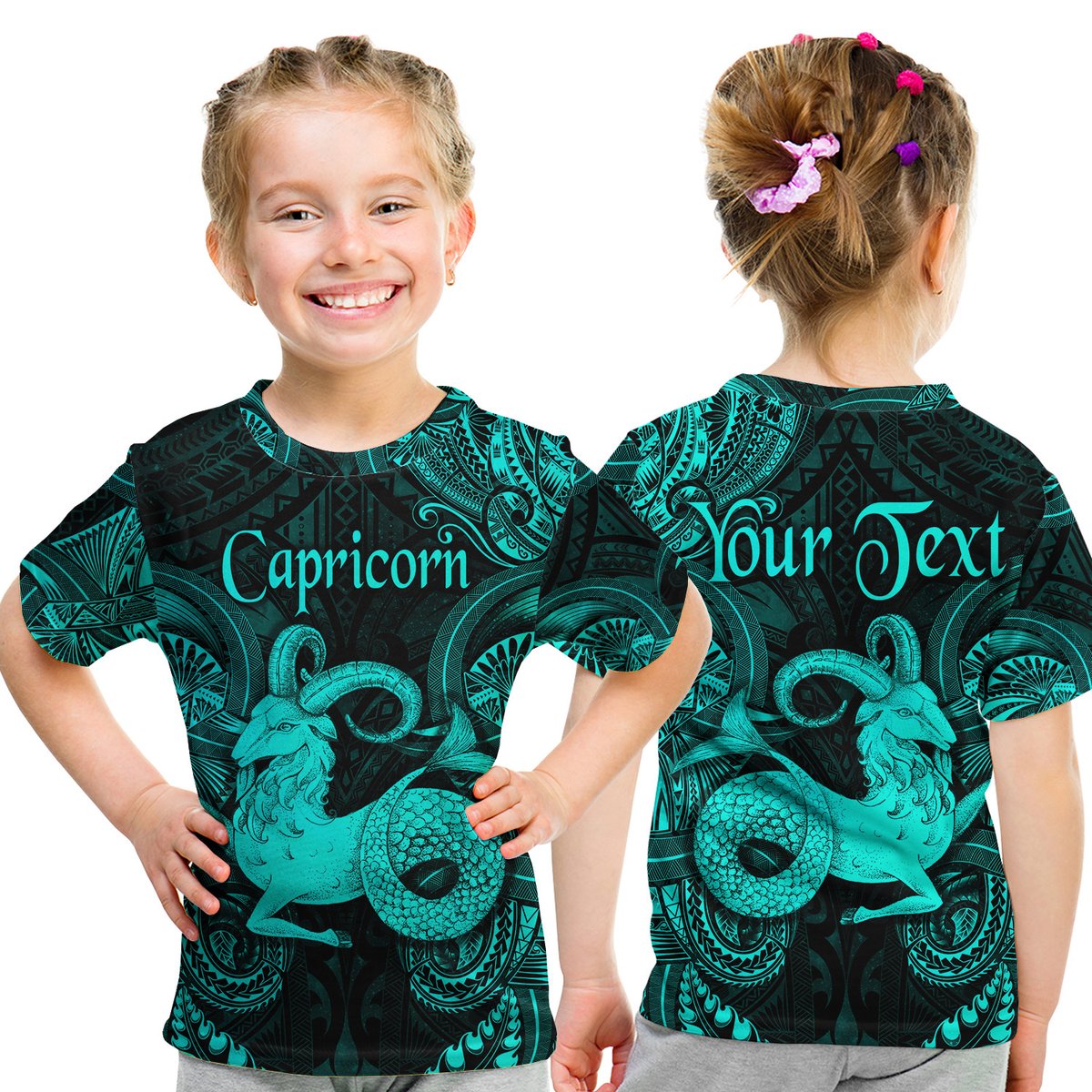 (Custom Personalised) Capricorns Zodiac Polynesian T Shirt Kid Unique Style - Turquoise LT8 Youth XL Size14 - Polynesian Pride
