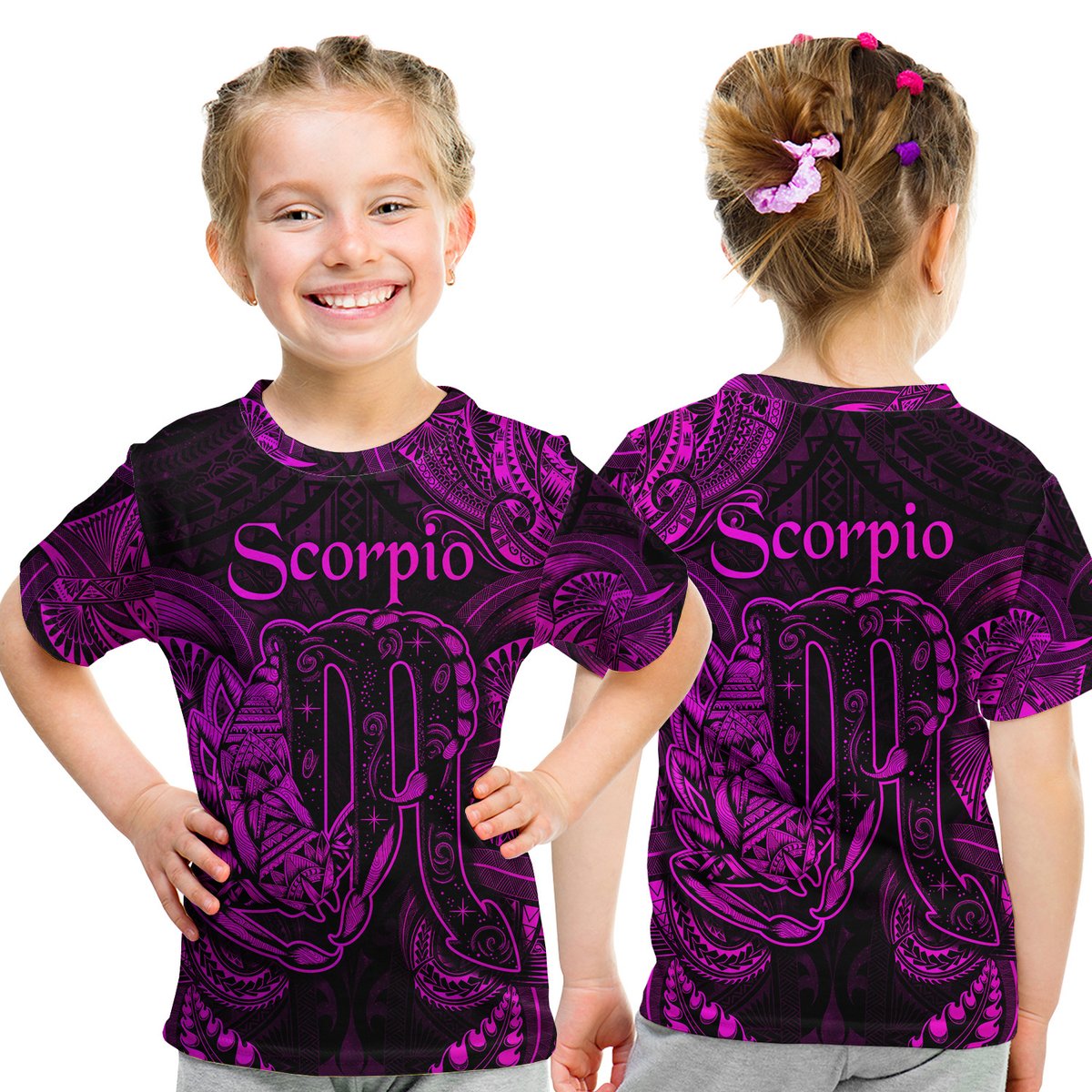 Scorpio Zodiac Polynesian T Shirt Kid Unique Style - Pink LT8 Youth XL Size14 - Polynesian Pride