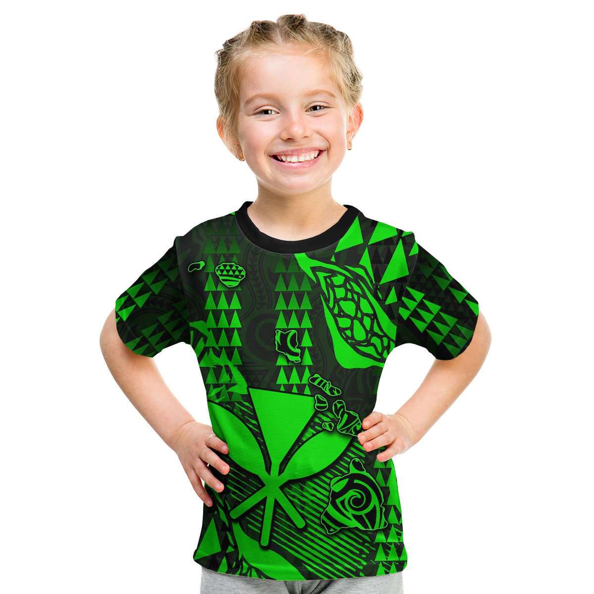 (Custom Personalised) Hawaii Kanaka Map T Shirt Kid Green Style LT6 Youth XL Size14 - Polynesian Pride