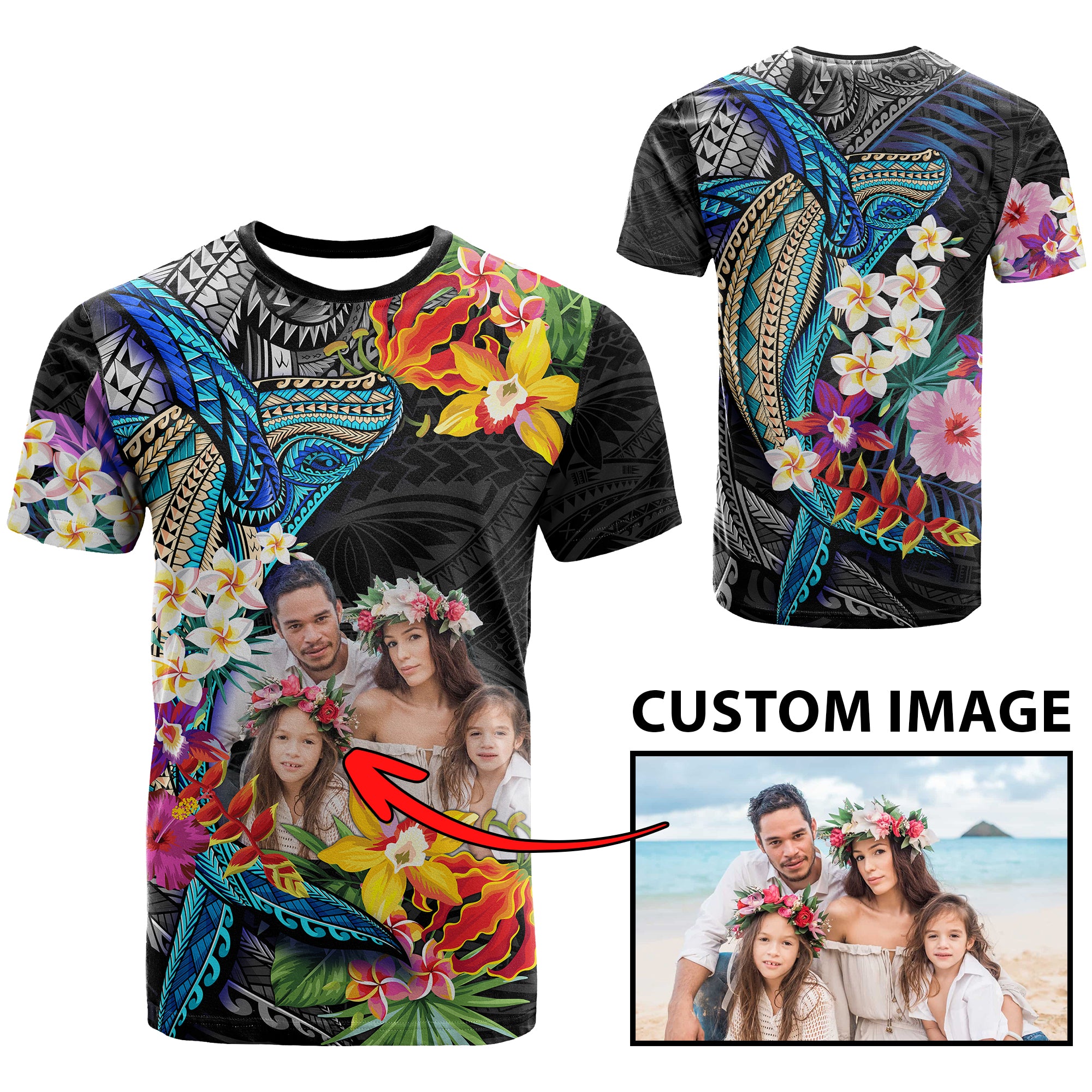 Custom Photo Polynesian Shark Tattoo T Shirt Beauty Pacific Flowers CTM09 - Polynesian Pride