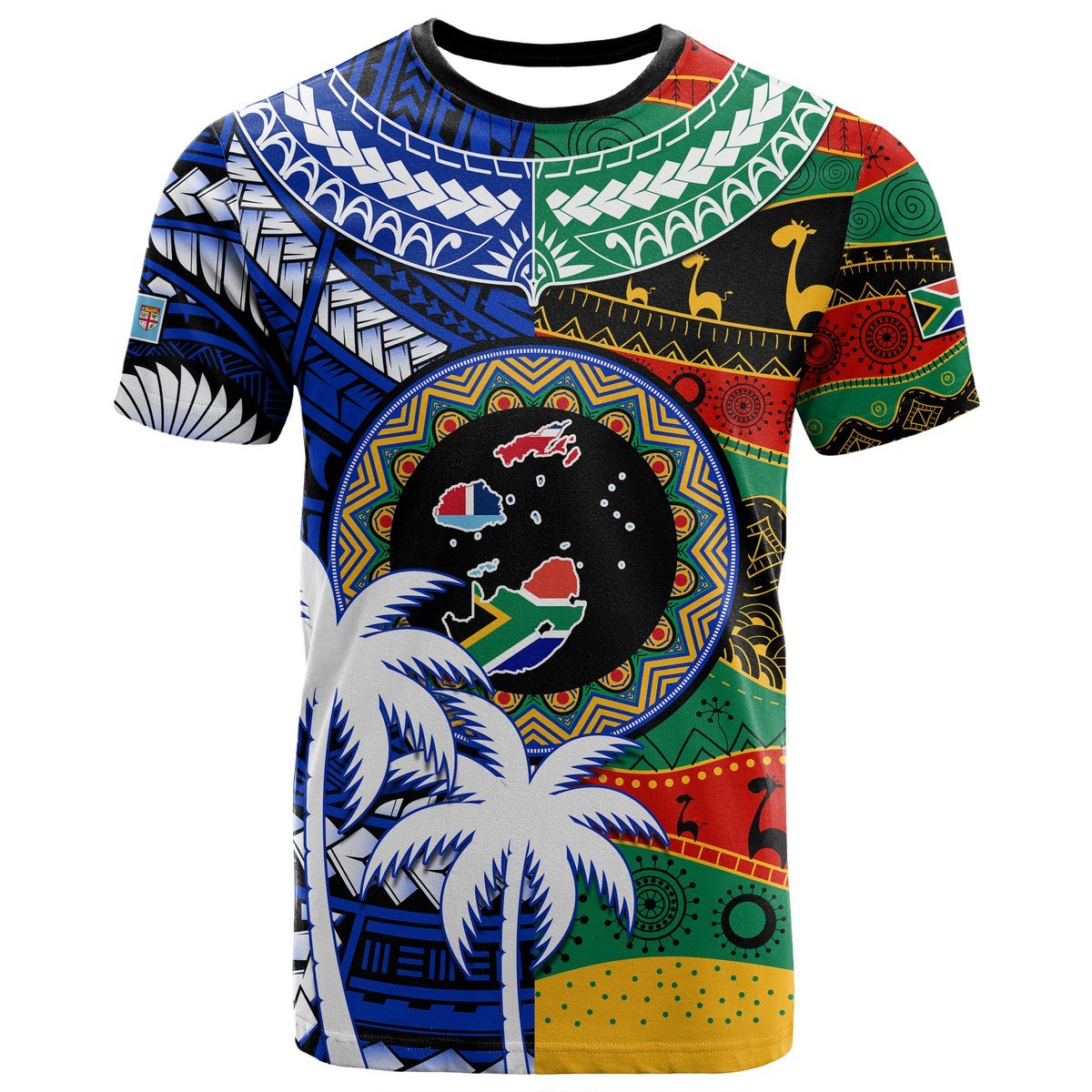 Indigenous South Africa Mixed Fiji Palm Tapa T Shirt LT9 Blue - Polynesian Pride