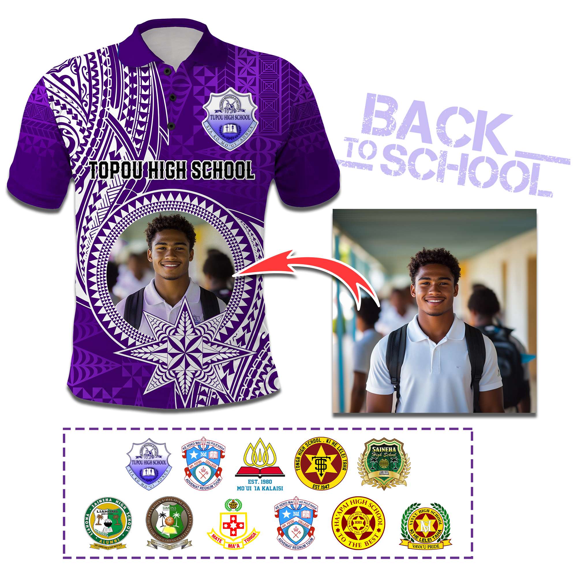 Custom Photo Tonga Back To School Polo Shirt Polynesian Ngatu Tribal CTM09